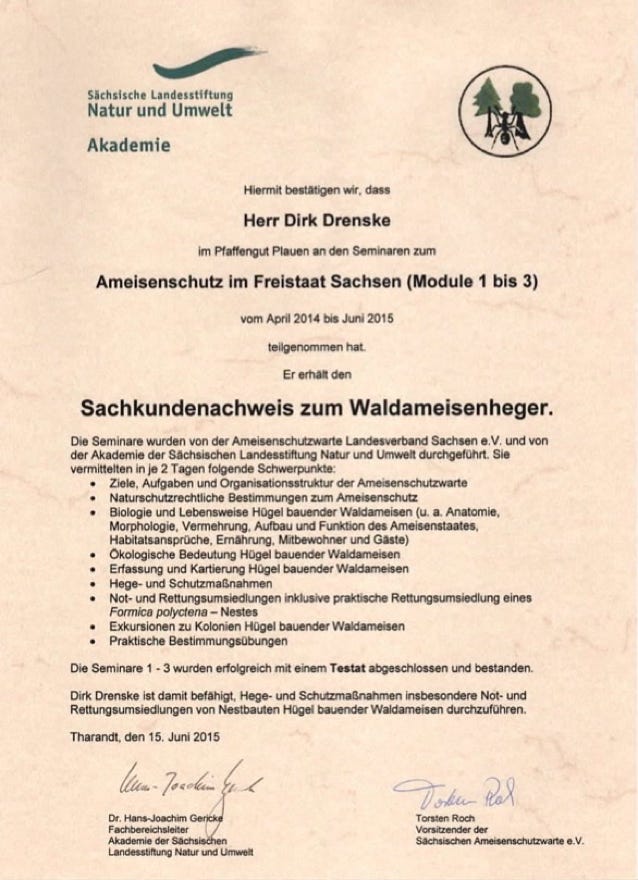 Zertifkat der Ameisenschutzwarte Sachsen für die Ausbildung zum Ameisenheger